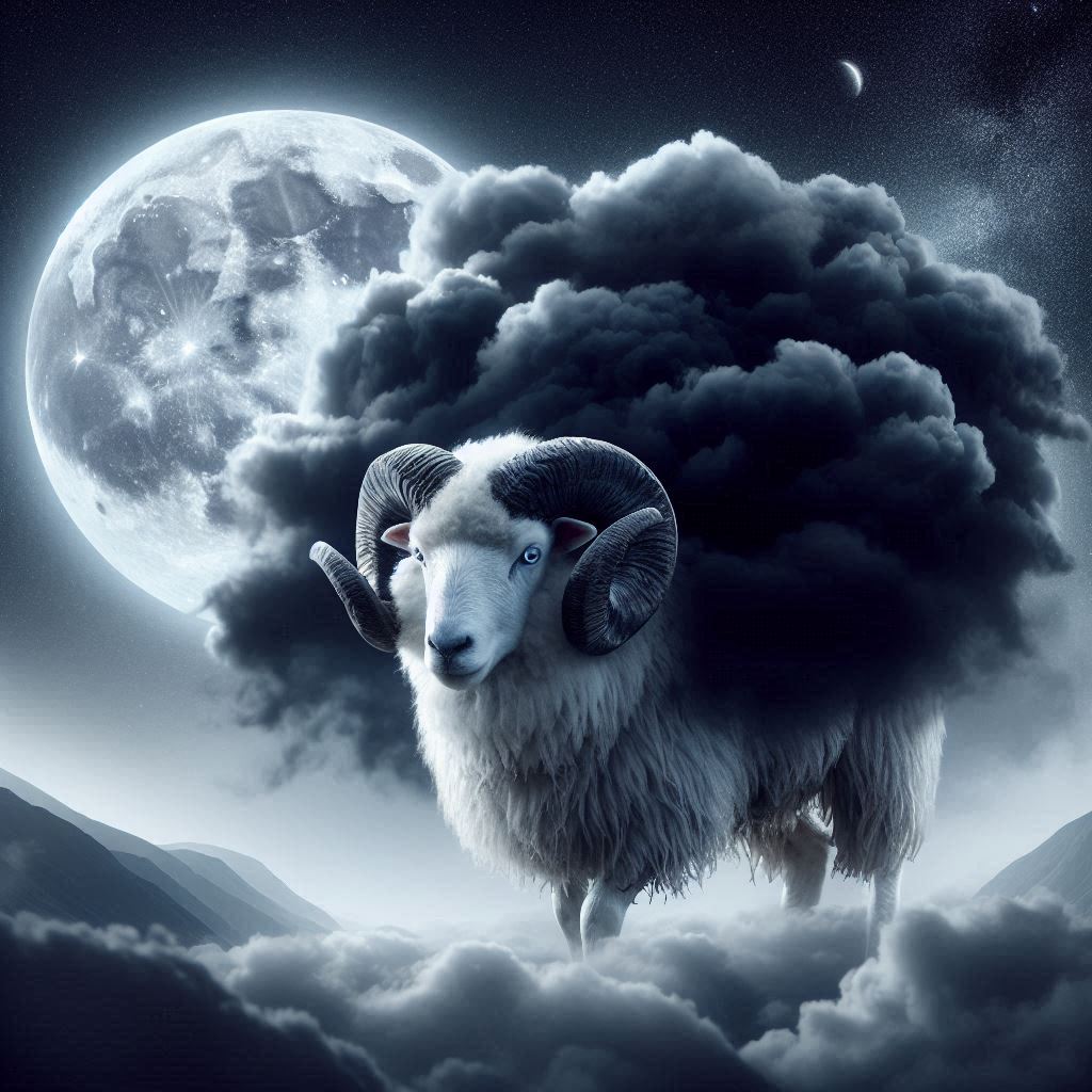月光下，一团黑云笼罩着一只白羊。白羊显得灰色。.png